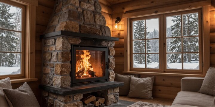 A stone fireplace with a modern insert and burning fire is set within a cozy wooden cabin interior on a snowy winter evening.