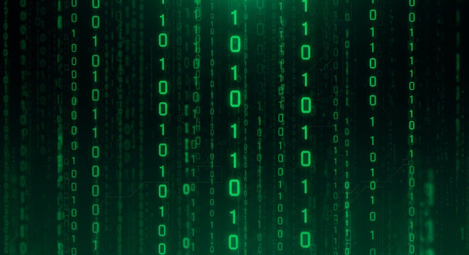Green binary code falling in digital rain abstract background computer science data stream