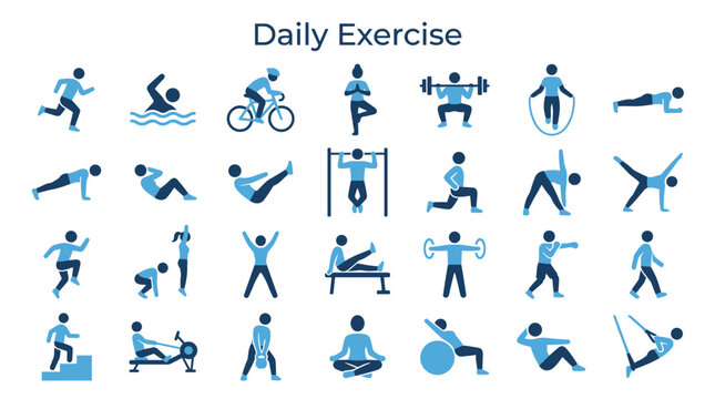 Collection of diverse daily exercise icons representing fitness activities and healthy lifestyle for sports and wellness concepts