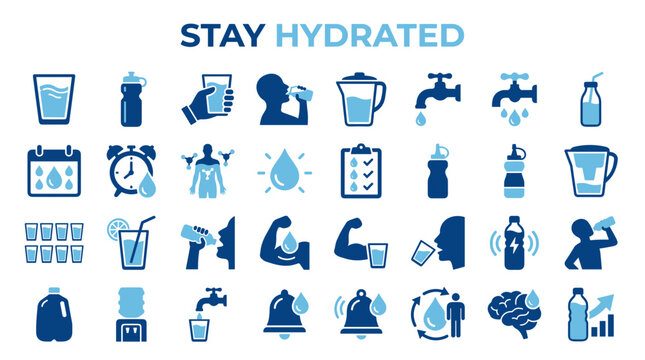 Collection of icons representing hydration concepts including drinking water, water bottles, faucets, and health benefits for staying hydrated