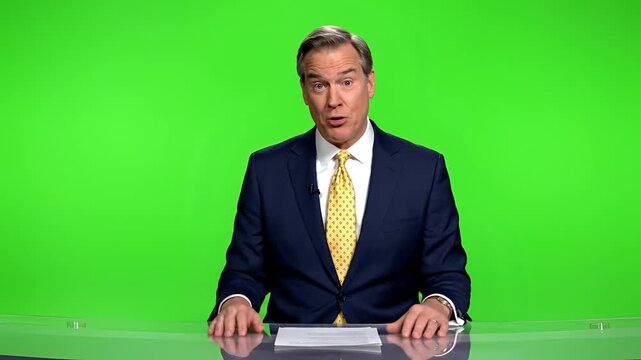 News Anchor Gesturing Enthusiastically in Front of Green Screen.