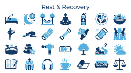 Fototapeta premium Rest and Recovery Icons Set Healthy Lifestyle Wellness Activities Self Care Relaxation Symbols