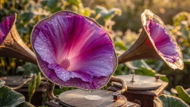 Vintage Gramophone Horns with Purple Morning Glory Flowers and Dew Drops