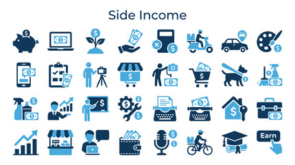 Obraz premium Diverse side income opportunities illustrated with blue icons on a white background, symbolizing financial growth and entrepreneurial ventures.