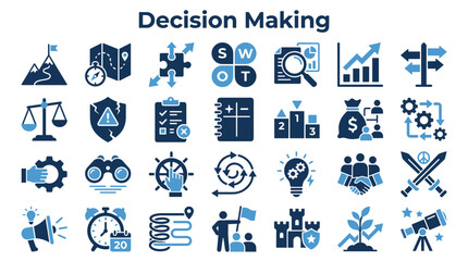 Fototapeta premium Decision making concept with icons representing strategy planning analysis and problem solving for business growth and success