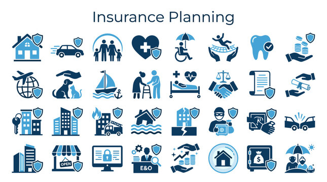 Insurance planning concept with diverse icons representing various coverage types like home, car, health, family, travel, and business protection
