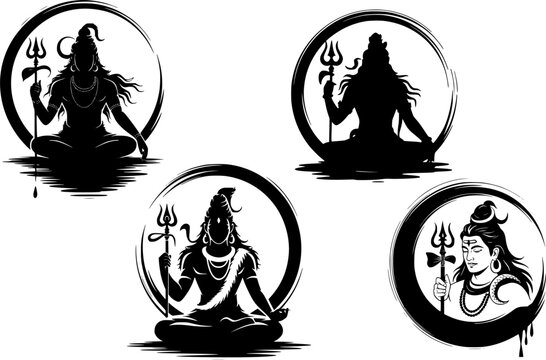 Lord Shiva silhouette set with trishul and crescent moon, sacred Hindu god meditation pose in circular frame, black and white spiritual vector illustration for worship and design