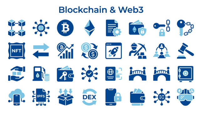 Blockchain and Web3 Technology Icons Set Blockchain Digital Currency Cryptocurrency NFT Smart Contract Security and Data Transfer Concepts