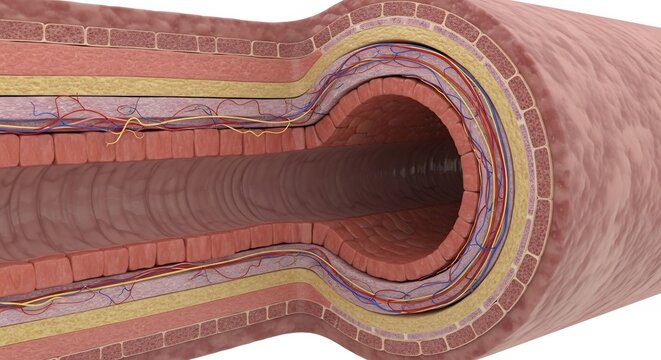 Cross section of a human artery showing layers of tissue and blood flow.