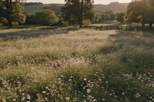 A wildflower meadow dominated by oxeye daisies, poppies, and hawkweed sways gently in late afternoon golden hour sunlight amidst rolling hills and a wooden fence.