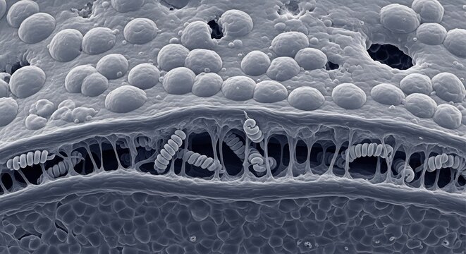 Scanning Electron Microscope Image of Bacteria and Fungi on Skin Surface.