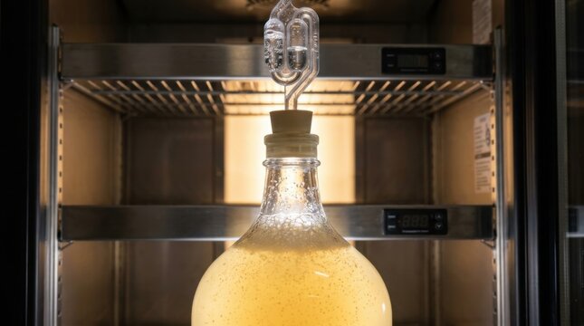 Glass carboy with foaming liquid and S-shaped airlock fermenting inside a temperature-controlled stainless steel laboratory incubator or industrial refrigerator with digital displays.