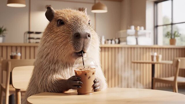 Capybara Enjoying Iced Coffee in a Modern Cafe Setting.