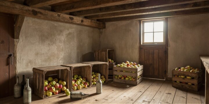 Multiple weathered wooden crates filled with a mix of red and green apples sit in a rustic storage room with exposed wooden beams, earthen plaster walls, and vintage glass