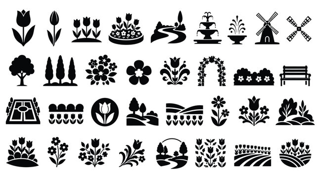 30 Keukenhof Gardens Netherlands Solid Black Silhouette Tulip Flowers, Garden Landscape, and Floral Icons Set on White Background
