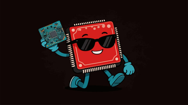 Cool CPU mascot holding a circuit board cartoon illustration