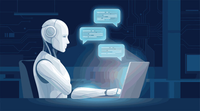 Futuristic AI Chatbot Robot Using Laptop with Digital Message Bubbles for Customer Support and Technology Concepts