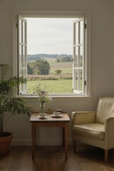 Fototapeta premium A serene interior room with a large open double-hung window frames a breathtaking rural landscape of rolling hills and distant trees, bathed in soft morning light.