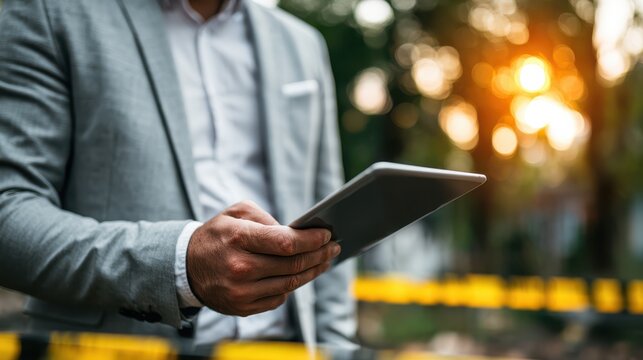 Investigator reviewing witness statements on a tablet during an official investigation in a professional setting.