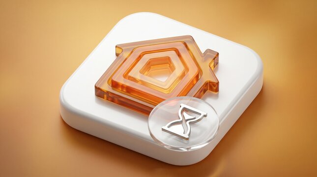 Real Estate Icon: A digitally rendered icon symbolizing home buying, investments, property, and the passage of time. The amber-toned house rests upon a white base.