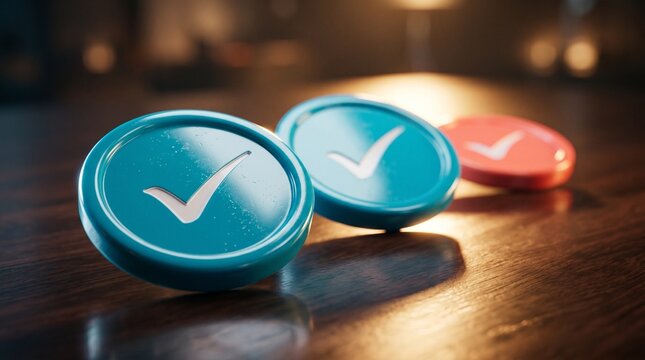 Verification Marks on the Table: Three colorful verification check marks resting on a wooden table, emphasizing the importance of approval and validation, and symbolizing trust and accuracy.
