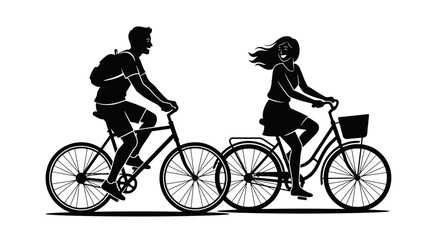 Fototapeta premium Black and white silhouette of male marketing manager and female creative director riding bicycles together, perfect for healthy lifestyle blog, corporate wellness program and eco mobility