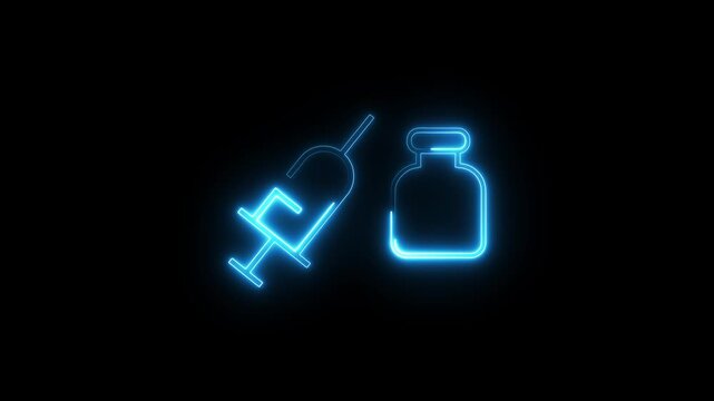 Neon glowing vaccination icon animation. Medical healthcare injection and pill bottle symbol.