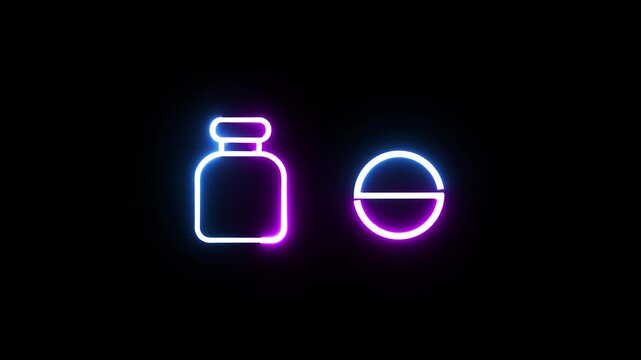 Neon glowing vaccination medical pill icon animation.