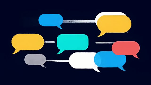 Colorful speech bubbles connected by lines on dark blue background