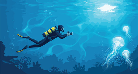 Underwater Scuba Diver Exploring Ocean Reef with Jellyfish Marine Life Blue Seascape Adventure Vector Illustration Design Scene © Honey!