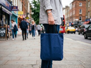 Fototapeta premium Person holding a reusable blue canvas tote bag while walking on a bustling city sidewalk with shops and traffic in the background