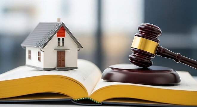 Gavel and miniature house on open book representing legal aspects of property and housing law.
