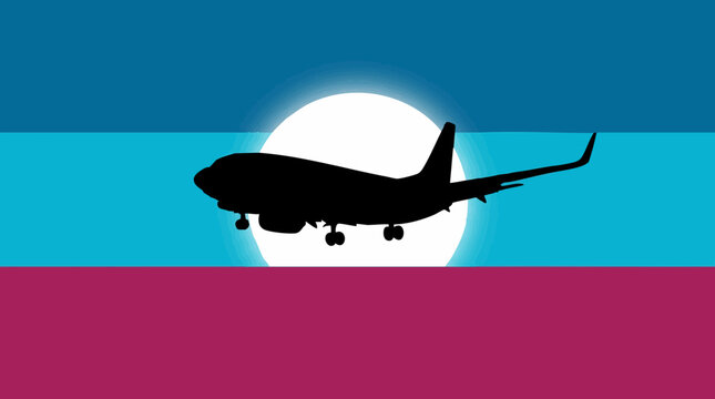 Commercial airplane silhouette landing against a vibrant tri-color background and sun