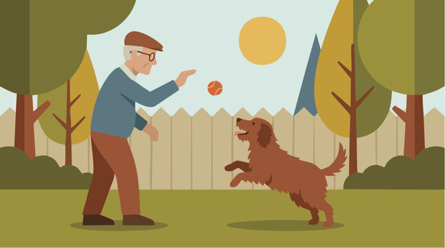 Senior man playing with his dog in the garden, vector illustration using flat design principles.