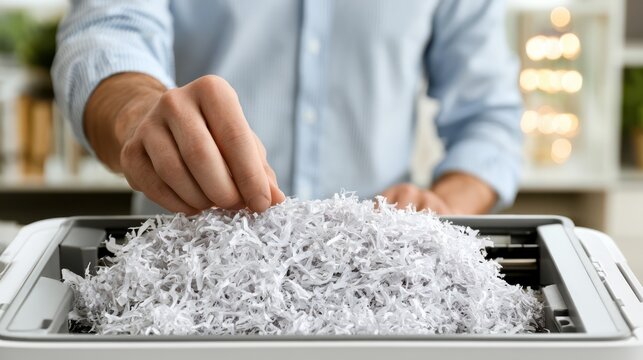 Person shredding confidential documents using a paper shredder to ensure information security and privacy in an office setting.