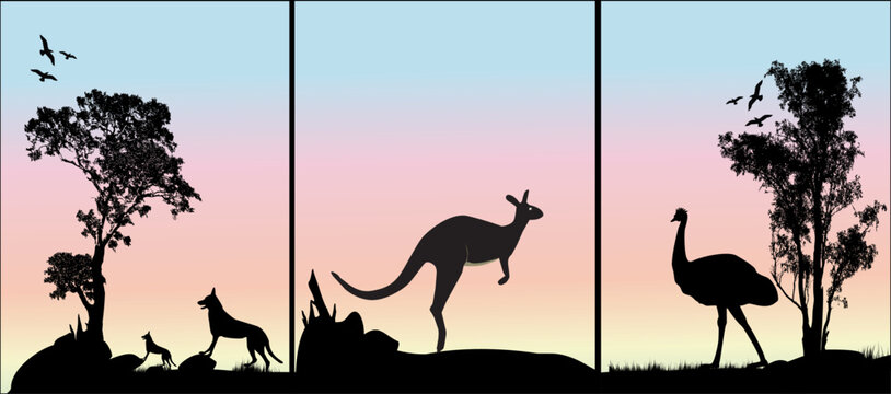 Australian Outback Silhouettes at Sunset With Kangaroo, Dingo and Emu in Pastel Sky Triptych