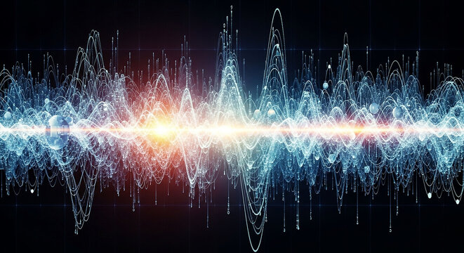 Dynamic sound wave visualizer with blue and red glowing particles abstract background energy burst