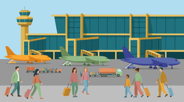 Colorful flat illustration of airport operations with travelers and planes