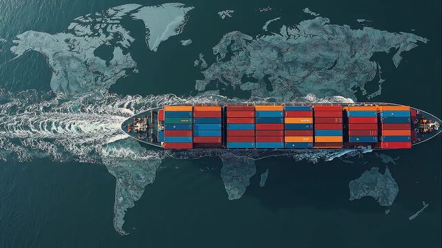 A large cargo ship sails across the ocean with numerous colorful containers stacked on deck, leaving a wake behind on a world map background