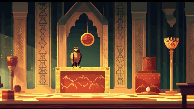 Ornate throne room with an eagle statue, glowing wall paintings