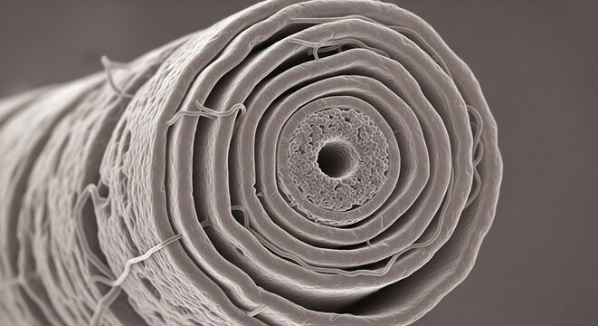 Close up scanning electron microscope image of a rolled up leaf structure.