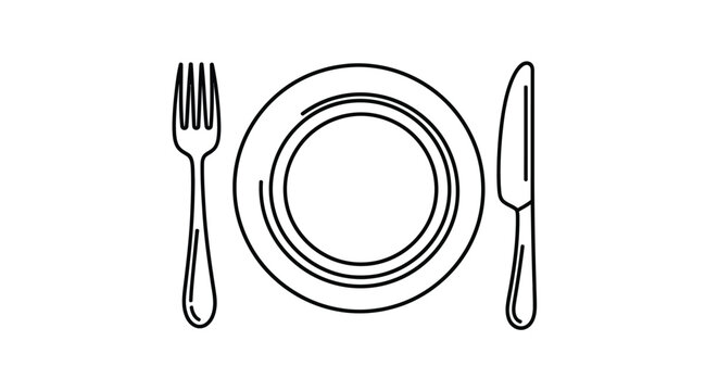 Simple line art illustration featuring an empty dinner plate with a silver fork and knife