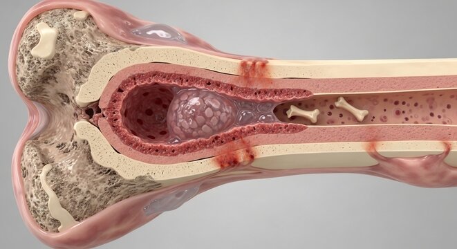 Cross section of a human long bone showing internal structure and pathology.