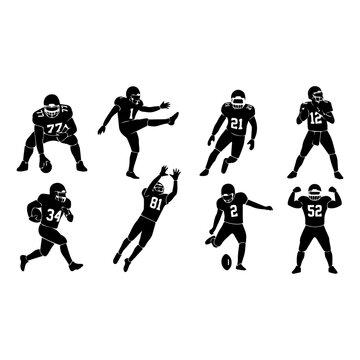 American Football Player Silhouettes Collection with Dynamic Action Poses Vector Illustration