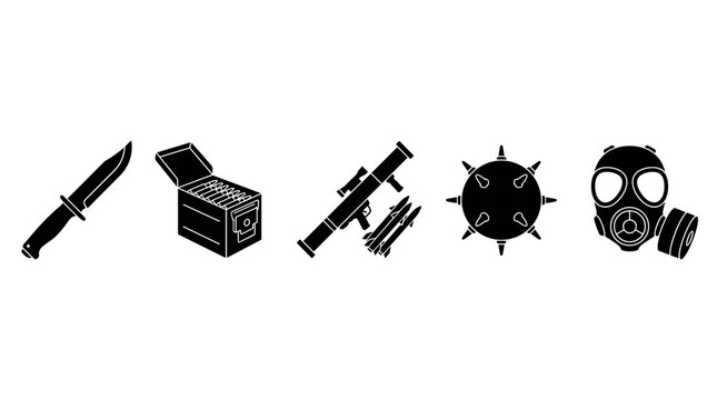 Collection of military and combat icons including a knife, ammo box, rocket launcher, mine, and gas mask on a white background