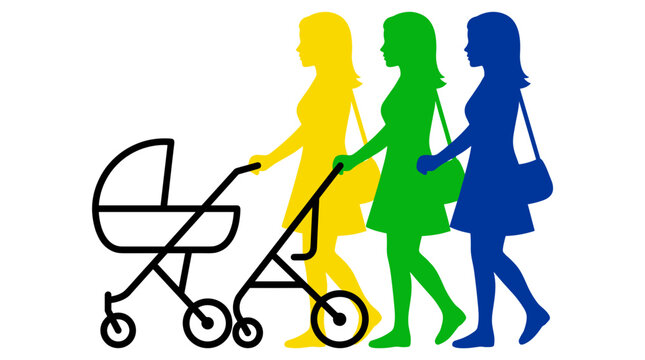 Three women in silhouette walking with baby strollers in yellow green and blue colors representing motherhood and family life