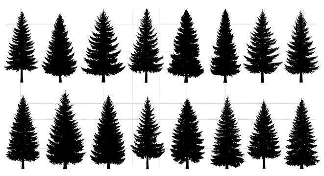 Collection of various pine tree silhouettes on white background for design and decoration purposes