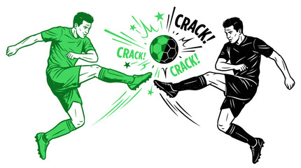 Fototapeta premium Two soccer players in action kicking a soccer ball with a crack sound effect illustration