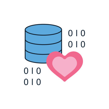 Blue database cylinder with pink heart and binary code