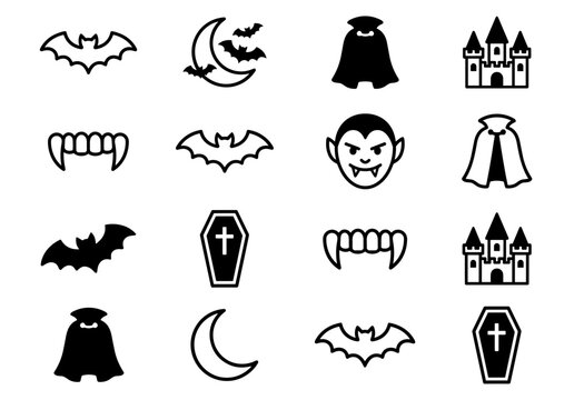 Collection of Halloween icons including bats, vampire fangs, castles, capes, coffins, and crescent moons